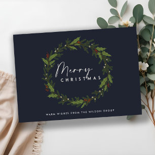 NAVY CORPORATE SIMPLE HOLLY BERRY WREATH CHRISTMAS JULKORT