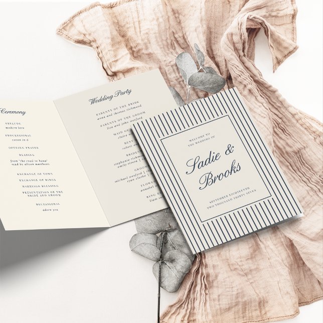 Navy & Cream Klassisk Skript Randig Bröllop Program (Skapare uppladdad)