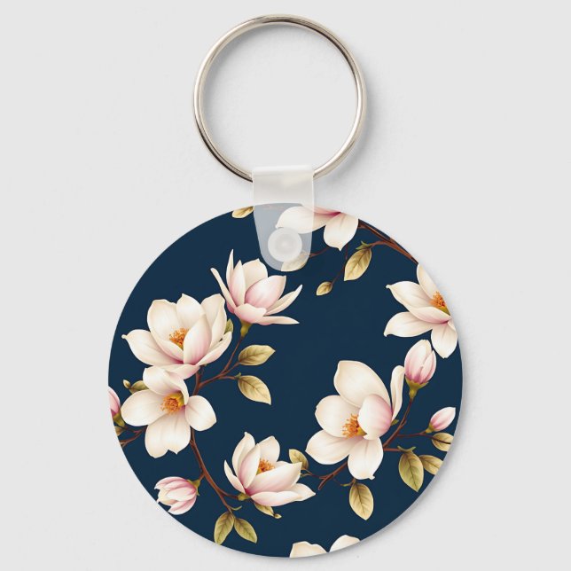 Navy Cream Magnolia Blossom Pattern Nyckelring (Framsida)