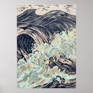 Navy Cream Ocean Wave Affisch