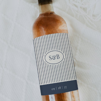 Navy & Crème Klassisk Randig Bröllopsmonogram Vinflaska Etikett