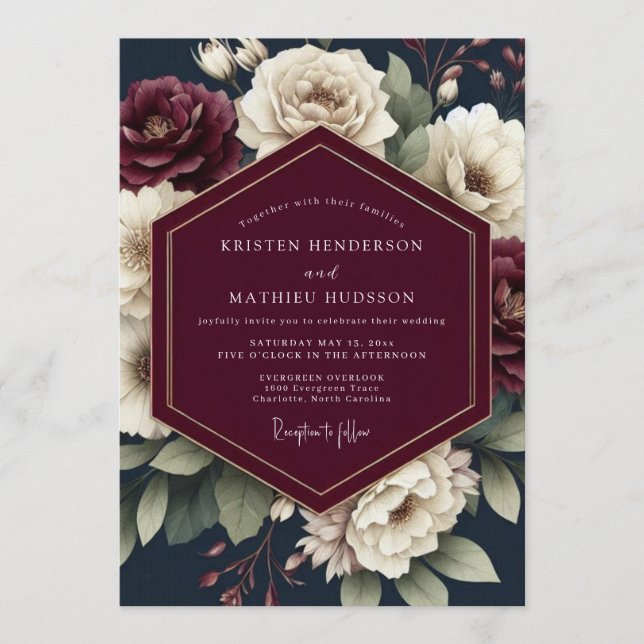 Navy & Crimson Moody Bloom Wedding Inbjudningar (Framsida)
