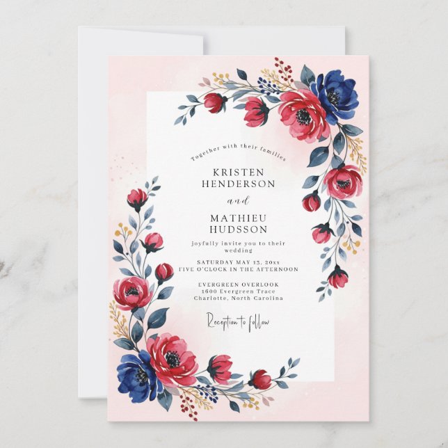 Navy Crimson Romantic Summer Wedding Inbjudningar (Framsida)