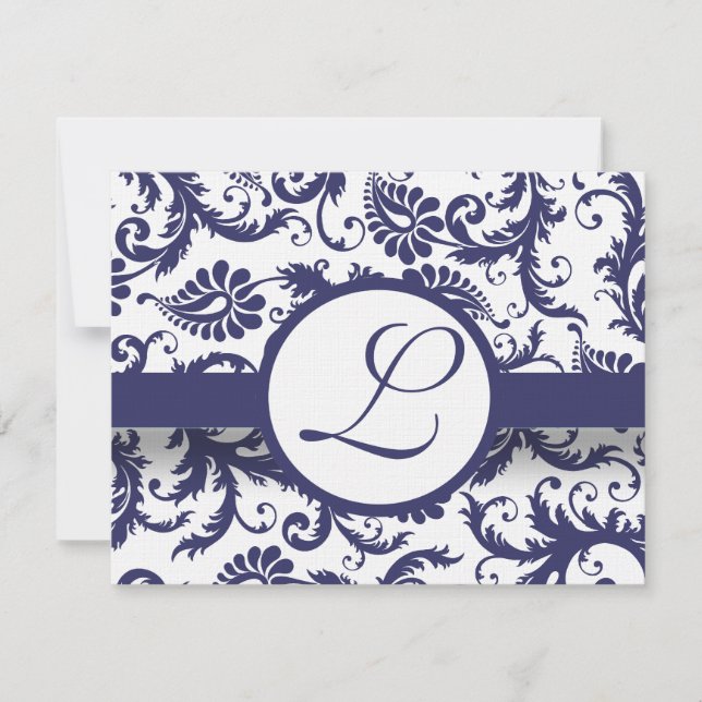 Navy Damask Swirls Wedding Invitation OSA Kort (Framsida)