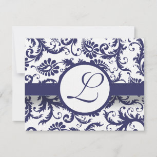 Navy Damask Swirls Wedding Invitation OSA Kort