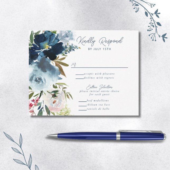 Navy & Damblå Elegant Blommig Akvarell OSA Kort (Skapare uppladdad)