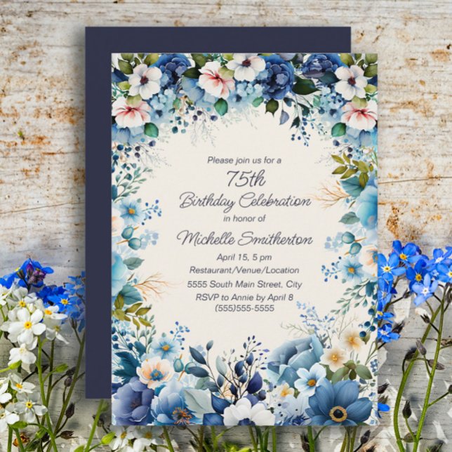 Navy Damblå Vit Blommig 75-årsfest  Inbjudningar (Blue floral 75th birthday party invitation)