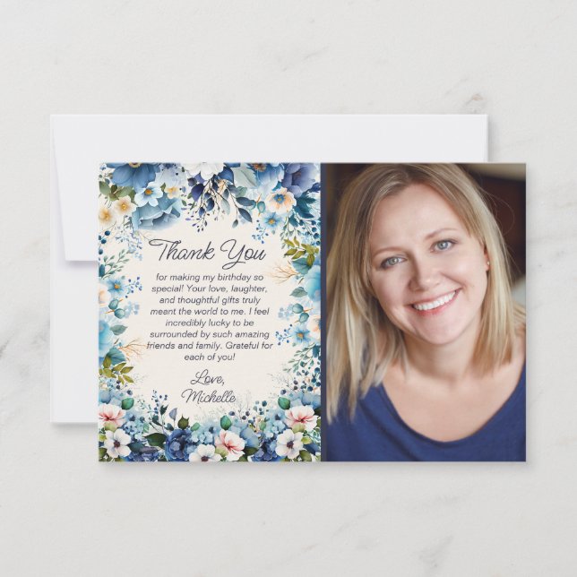 Navy Damblå Vit Blommig Födelsedagsfoto Tack Kort (Framsida)