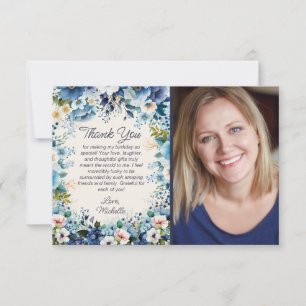Navy Damblå Vit Blommig Födelsedagsfoto Tack Kort