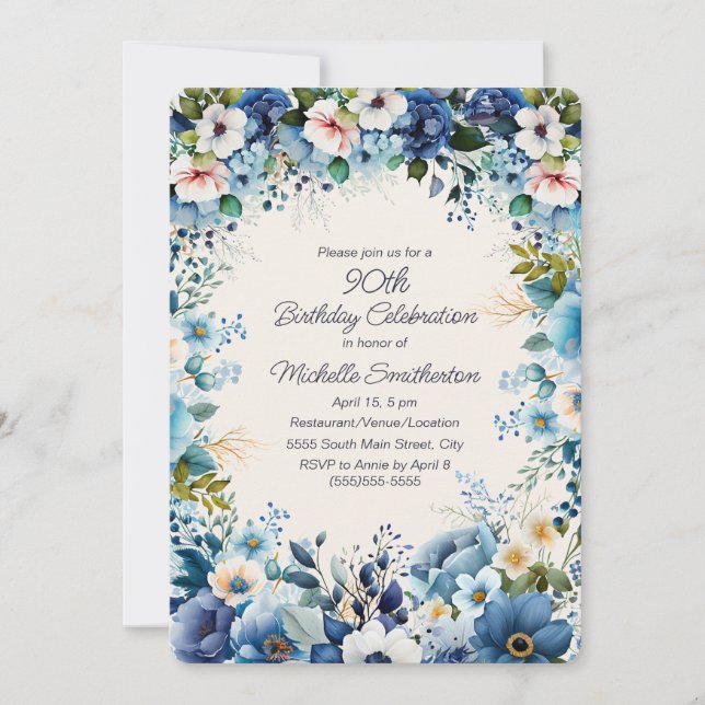 Navy Damblå Vita Blommor 90-årsdag Inbjudningar (Framsida)
