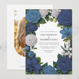 Navy, dammig blå och silver blommande bröllop inbjudningar