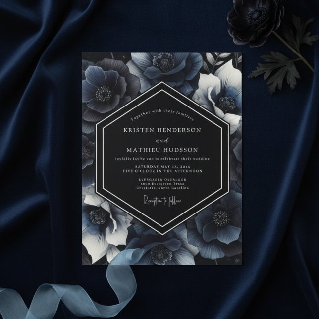 Navy Deep Bloom Lyxig Bröllop Inbjudningar (Skapare uppladdad)