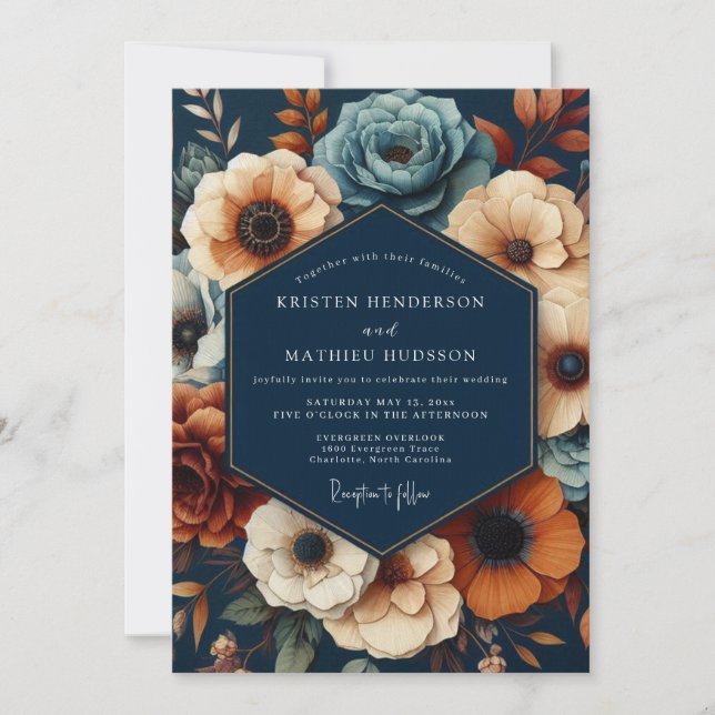 Navy Deep Floral Opulent Wedding Inbjudningar (Framsida)