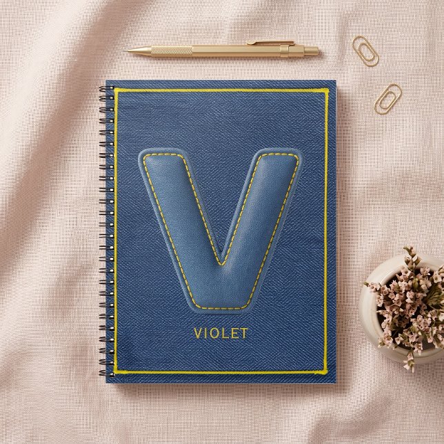 Navy Denim Gul söm Falskt läder V Initial Anteckningsbok (Skapare uppladdad)