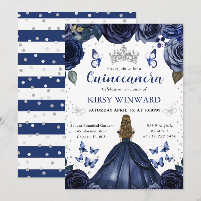 Navy Dress Blonde Hair Princess Quinceanera Inbjudningar (Fram/baksida)