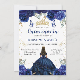 Navy Dress Brunette Princess Quinceanera Inbjudningar
