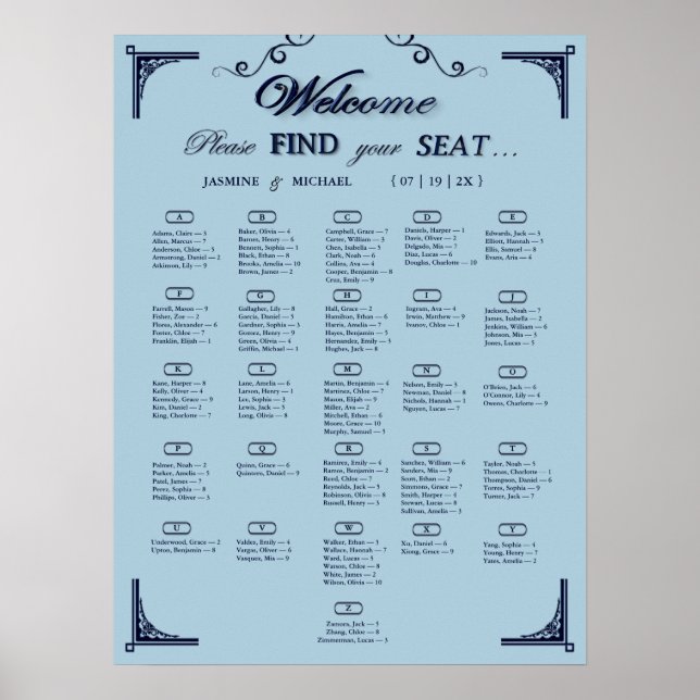 Navy Dusty Blue Alphabetical Wedding Seating Chart Poster (Framsidan)