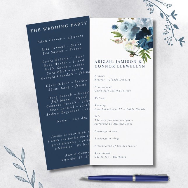 Navy & Dusty Blue Elegant Blommig Akvarell Program (Skapare uppladdad)