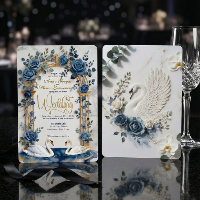 Navy Dusty Blue Gold Faux Foil Floral Swan Wedding Inbjudningar (Skapare uppladdad)