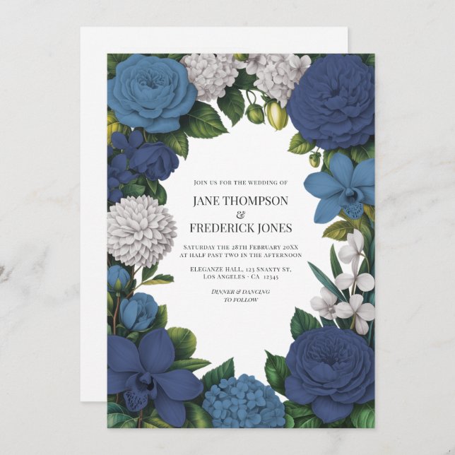 Navy, Dusty Blue & Silver Floral Wedding Inbjudningar (Fram/baksida)