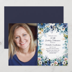 Navy Dusty Blue Vit Blommig 50-års Födelsedagsfoto Inbjudningar