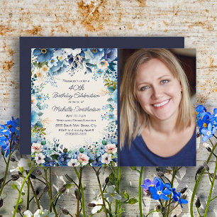 Navy Dusty Blue Vit Blommig 75-års Födelsedagsfoto Inbjudningar