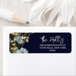 Navy Elegant Blommig Bröllop Returadress Etikett