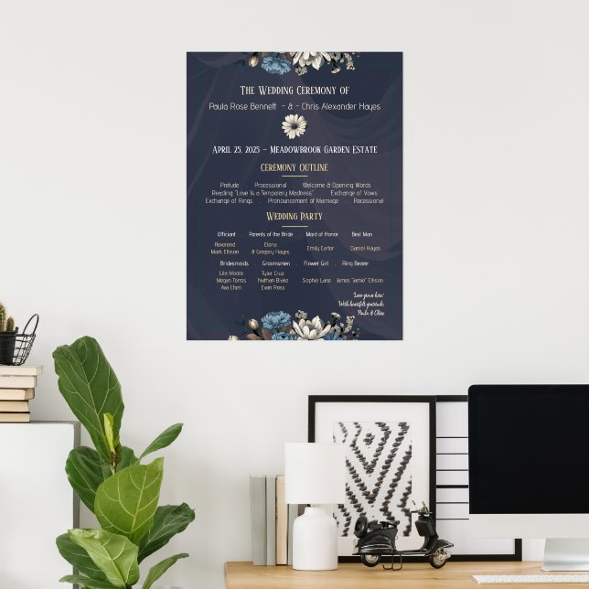 Navy Elegant Bröllopsprogram Poster (Hemmakontoret)