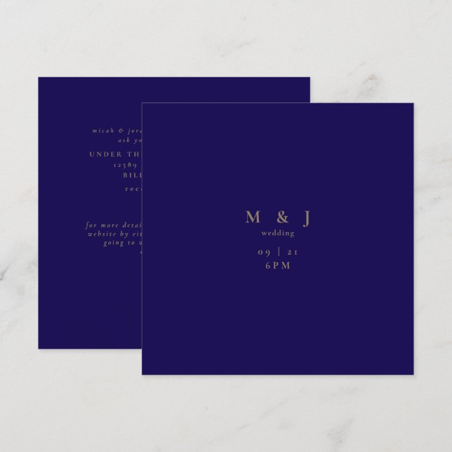 Navy Elegant & Enkel Modern Fyrkantig Bröllop Inbjudningar (Fram/baksida)