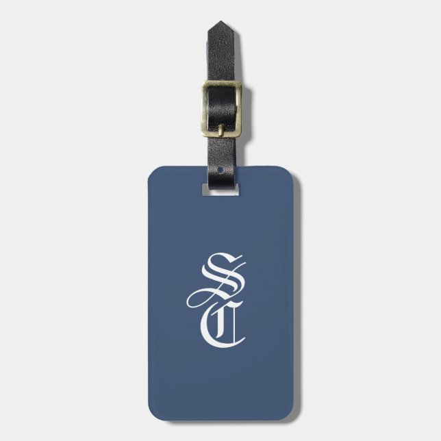 Navy Elegant Gothic Monogram Namn Medeltida Typsni Bagagebricka (Vertikal Framsida)