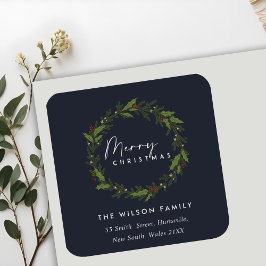 NAVY ELEGANT HOLLY BERRY WREATH CHRISTMAS ADRESS FYRKANTIGT KLISTERMÄRKE