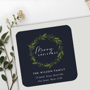 NAVY ELEGANT HOLLY BERRY WREATH CHRISTMAS ADRESS FYRKANTIGT KLISTERMÄRKE