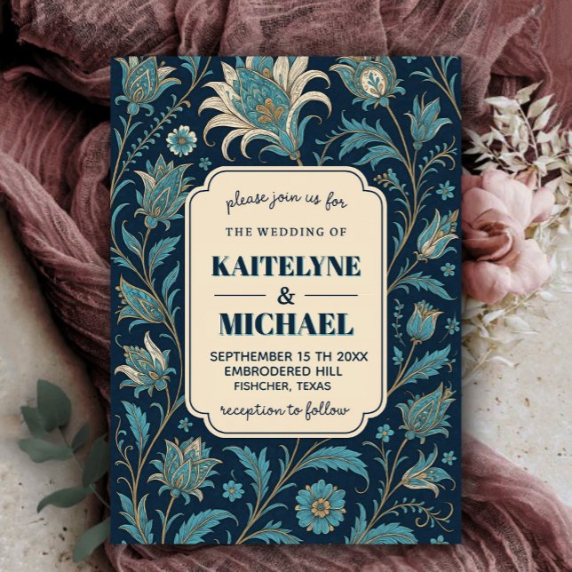 Navy Elegant Modern Calligraphy Floral Wedding  Inbjudningar (Skapare uppladdad)