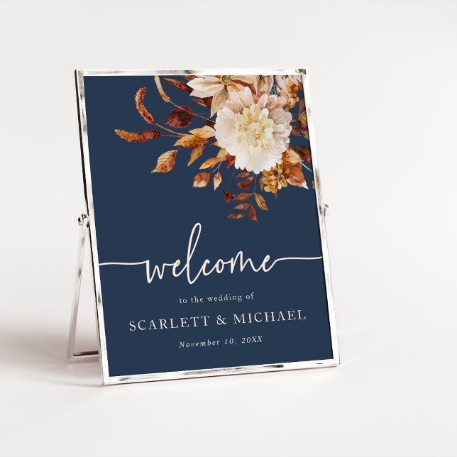 Navy Eleganta Höstlöv Bröllop Poster (Navy Blue Elegant Autumn Leaves Wedding Poster by Painted Paperie
)