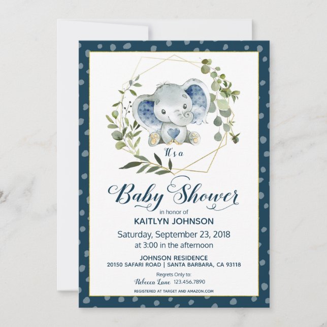 Navy Elephant Modern Baby Shower Inbjudningar (Framsida)