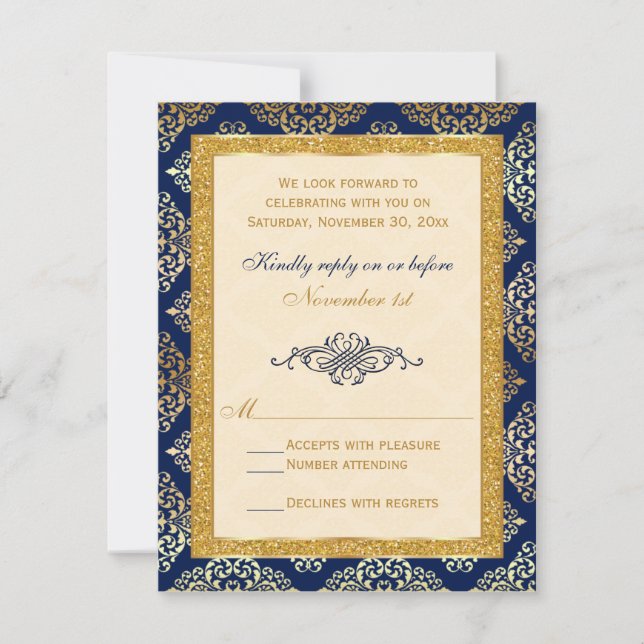 Navy, Elfenben, Guldglitter, Damask blomsterlig RS OSA Kort (Framsida)