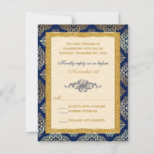 Navy, Elfenben, Guldglitter, Damask blomsterlig RS OSA Kort