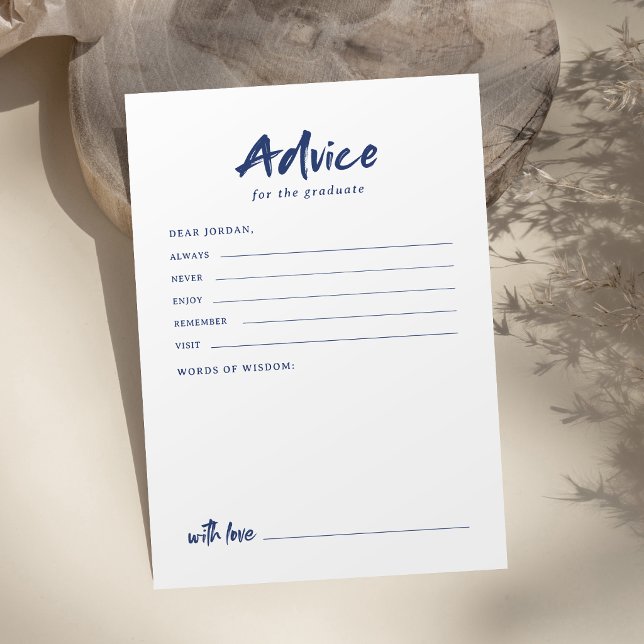 Navy Enkel Modern Borstskrift Examen Rådkort (Navy Simple Modern Brush Script Graduation Advice Card)
