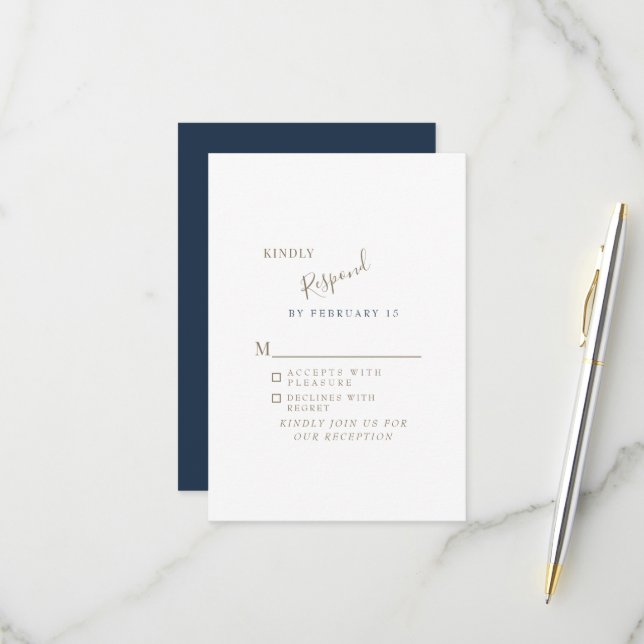 Navy Enkel Modern Bröllops-RSVP OSA Kort (Fram/Back In Situ)