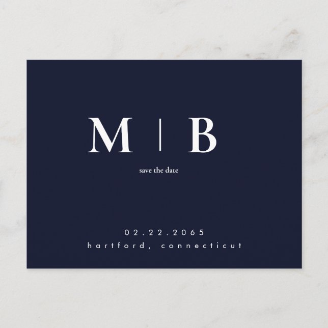 Navy Enkel Modern Monogram Spara Datum  Vykort (Framsida)