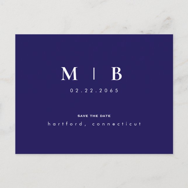 Navy Enkel Monogram Bröllop Spara Datum QR-kod Meddelande Vykort (Framsida)
