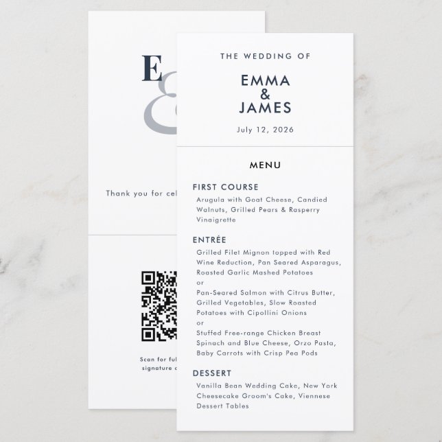 Navy Et-tecken Bröllop | QR-kod | Elegant Meny (Fram/baksida)