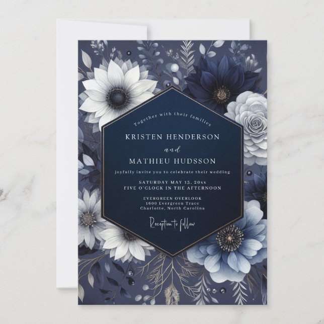 Navy Etterliknande Blommig Bröllop Inbjudningar (Framsida)