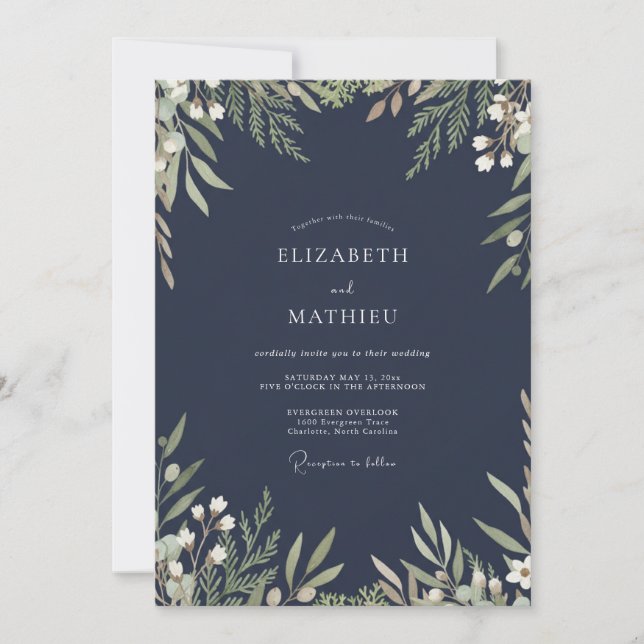 Navy Evergreen Watercolor Blommig Bröllop Inbjudningar (Framsida)