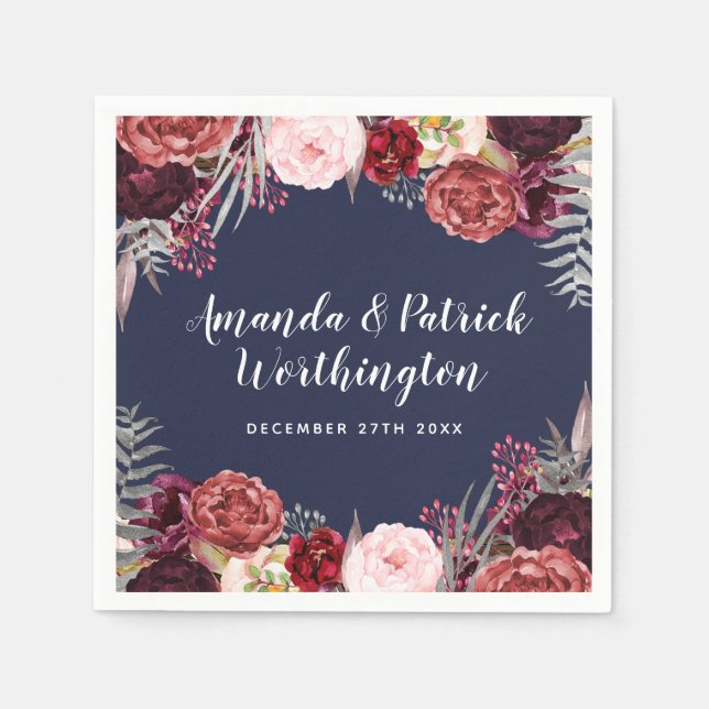 Navy Fall Marsala  Peony Bröllop Napkins Pappersservett (Framsidan)