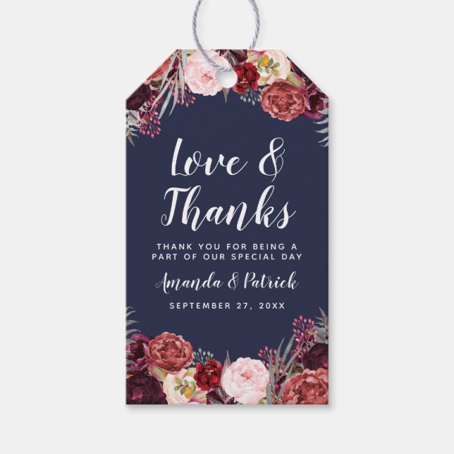 Navy Fall Marsala  Peony WedFavor Märkre Presentetikett (Framsidan)