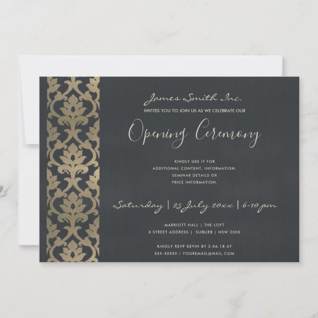 NAVY FAUX SILVER DAMASK GRAND OPENING CEREMONY INBJUDNINGAR (Framsida)