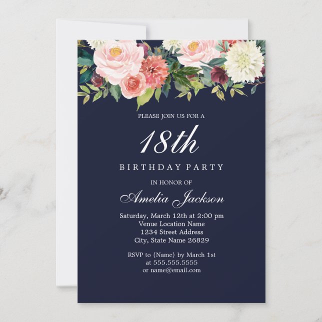 Navy Fersken Botanisk Blommig 18-årsdag Inbjudningar (Framsida)