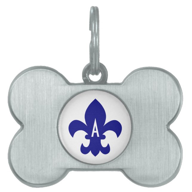Navy Fleur de Lis Monogram ID-bricka Husdjur (Framsidan)