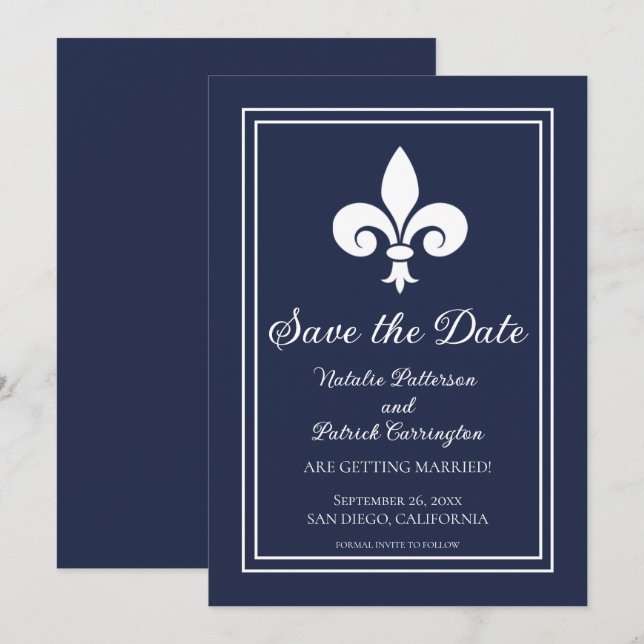 Navy Fleur de Lis Spara datum Inbjudan (Fram/baksida)